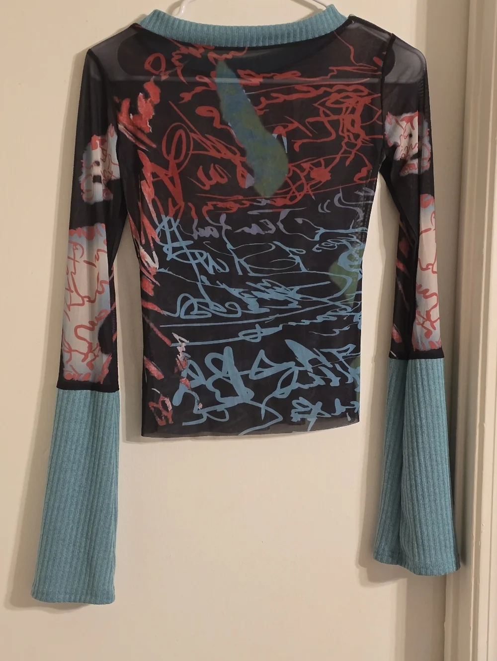 Y2K Vintage Sheer Slim Top Long Sleeve Round Neck Pattern Print Mesh Patchwork S - Picture 8 of 17